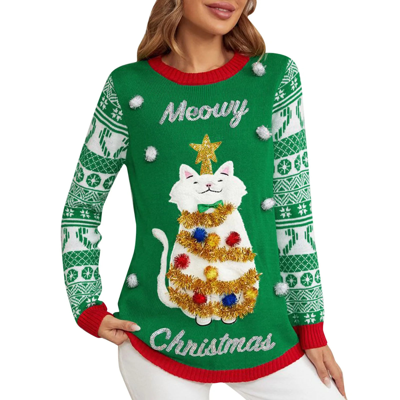 Christmas Cat Print Sweater | Fun & Cozy Ugly Holiday Sweater for Women