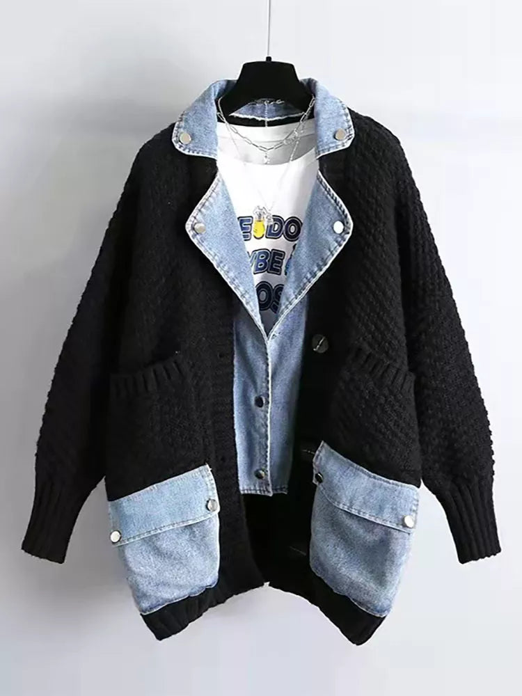 Women's Thick Denim Patchwork Cardigan Coat - Cozy & Stylish Outerwear