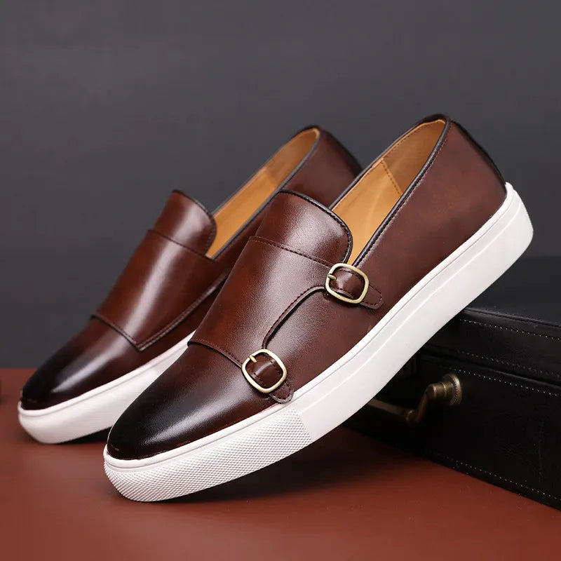 Men’s Vulcanized Slip-On Shoes with Double Buckle – Stylish & Durable Footwear