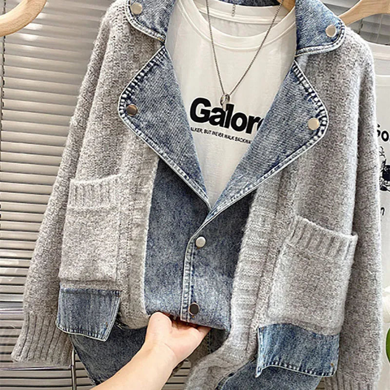 Women's Thick Denim Patchwork Cardigan Coat - Cozy & Stylish Outerwear