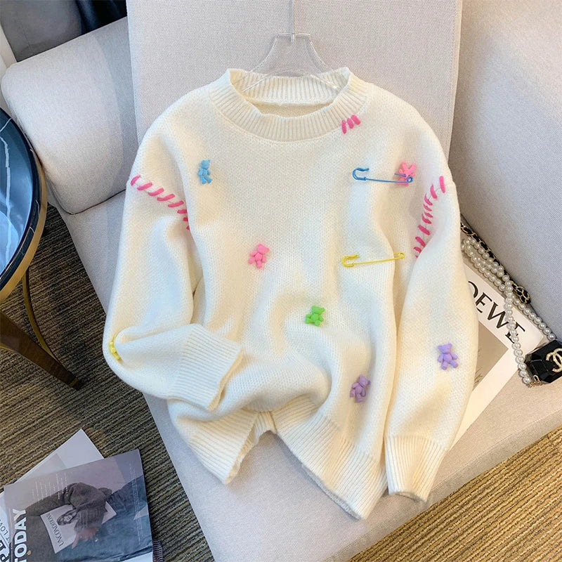 Safety Pins + Teddy Bears Sweater | Trendy Streetwear with a Playful Twist