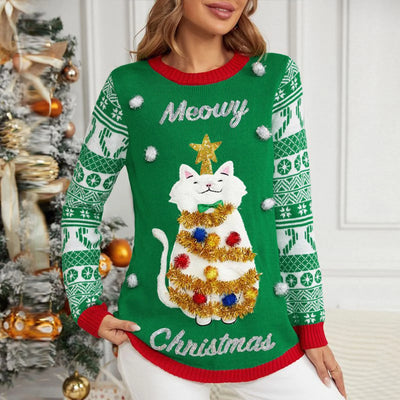 Christmas Cat Print Sweater | Fun & Cozy Ugly Holiday Sweater for Women