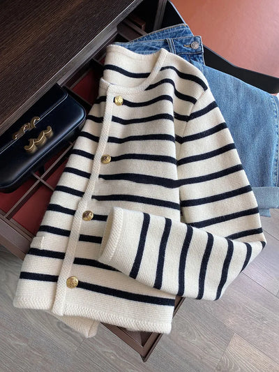 Striped Knit O-neck Cardigan – Casual Long Sleeve Women’s Sweater for Spring & Autumn