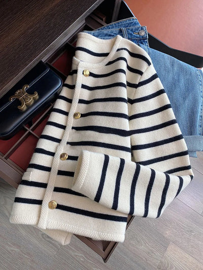 Striped Knit O-neck Cardigan – Casual Long Sleeve Women’s Sweater for Spring & Autumn