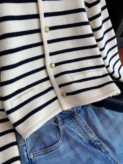 Striped Knit O-neck Cardigan – Casual Long Sleeve Women’s Sweater for Spring & Autumn