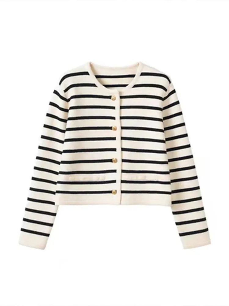 Striped Knit O-neck Cardigan – Casual Long Sleeve Women’s Sweater for Spring & Autumn