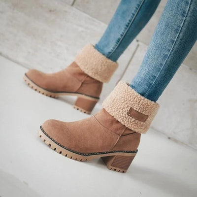 Women's Lined Ankle Boots with Block Heel - Warm Winter Boots with Foldable Collar