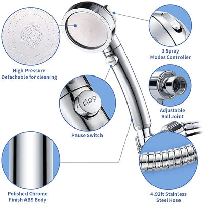 PowerHead 3-in-1 Shower Head with Hose | High-Pressure Water-Saving Design