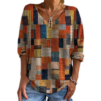 Women's Casual Retro Print V-Neck Top, Half Sleeve