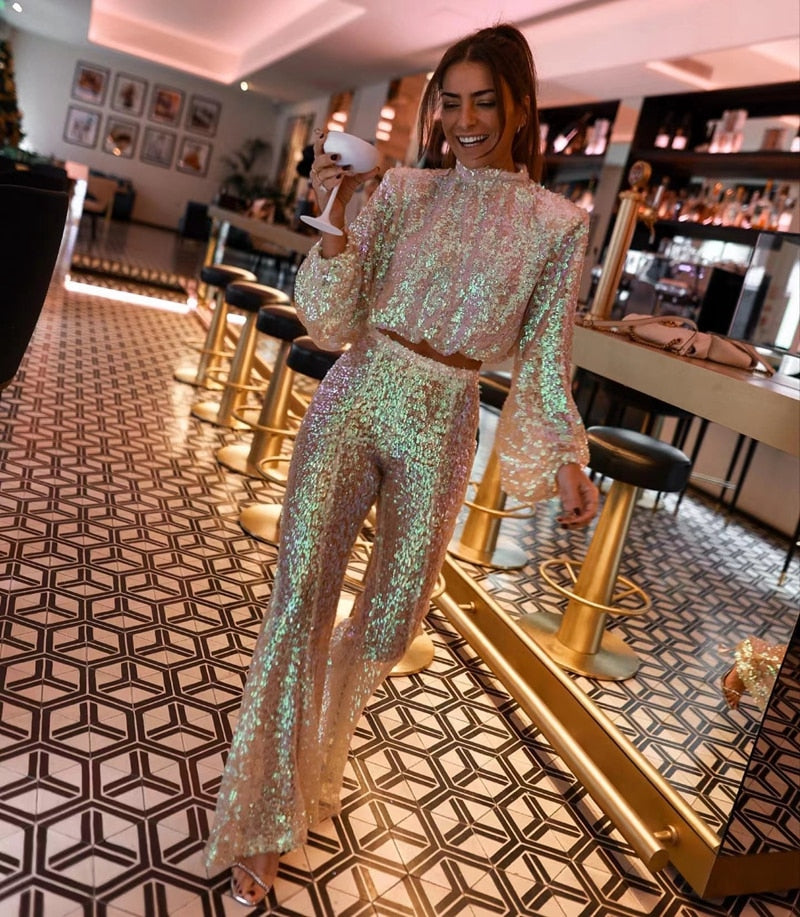 Sharina Two-Piece Party Set | Sparkly Crop Top & Flared Sequin Pants