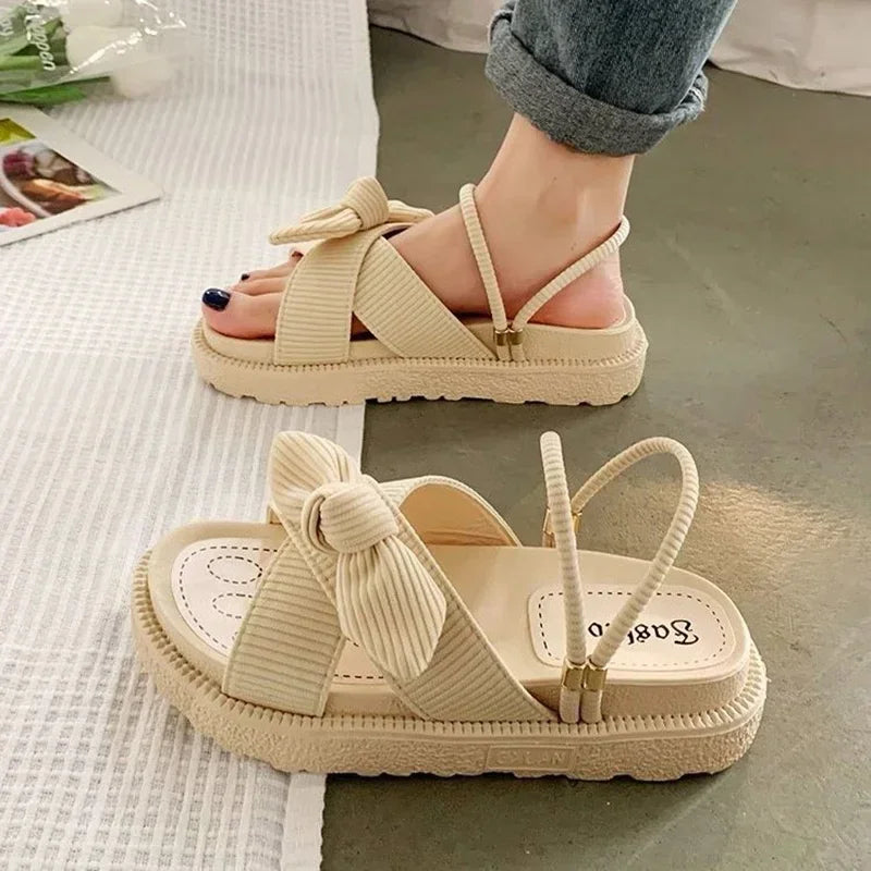 Women's Platform Sandals with Adjustable Woven Strap and Bow Detail