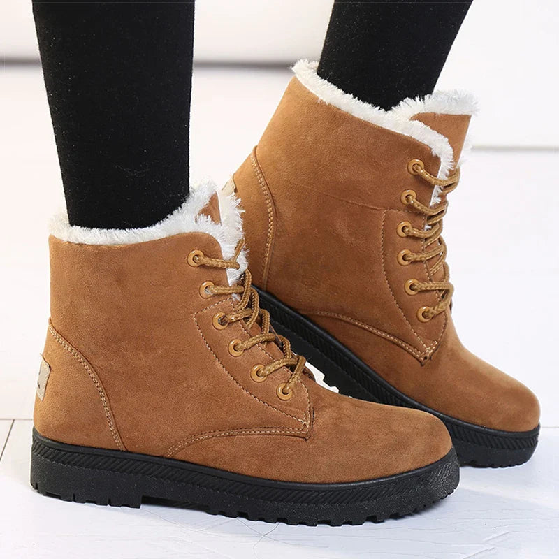 Women's Winter Boots - Warm Fleece-Lined Ankle Boots with Lace-Up Closur