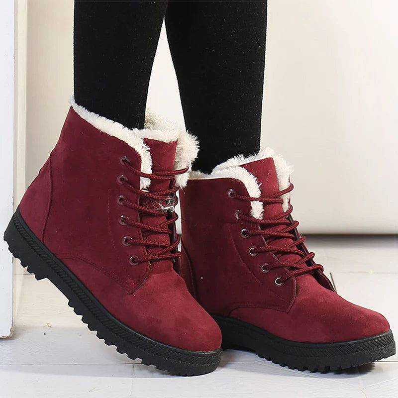 Women's Winter Boots - Warm Fleece-Lined Ankle Boots with Lace-Up Closur