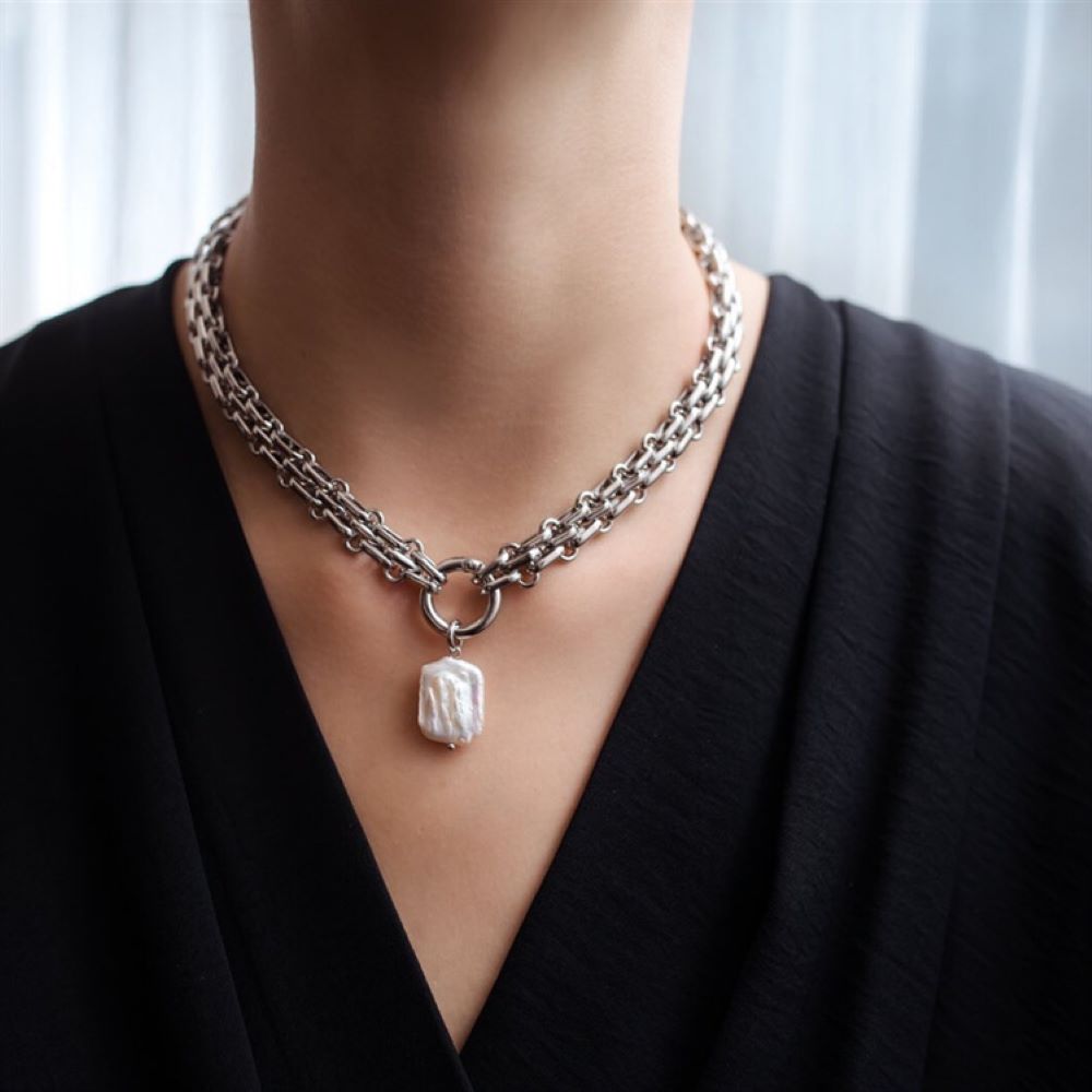 Statement Necklace | Stainless Steel with Chunky Chain & Irregular Pearl Pendant