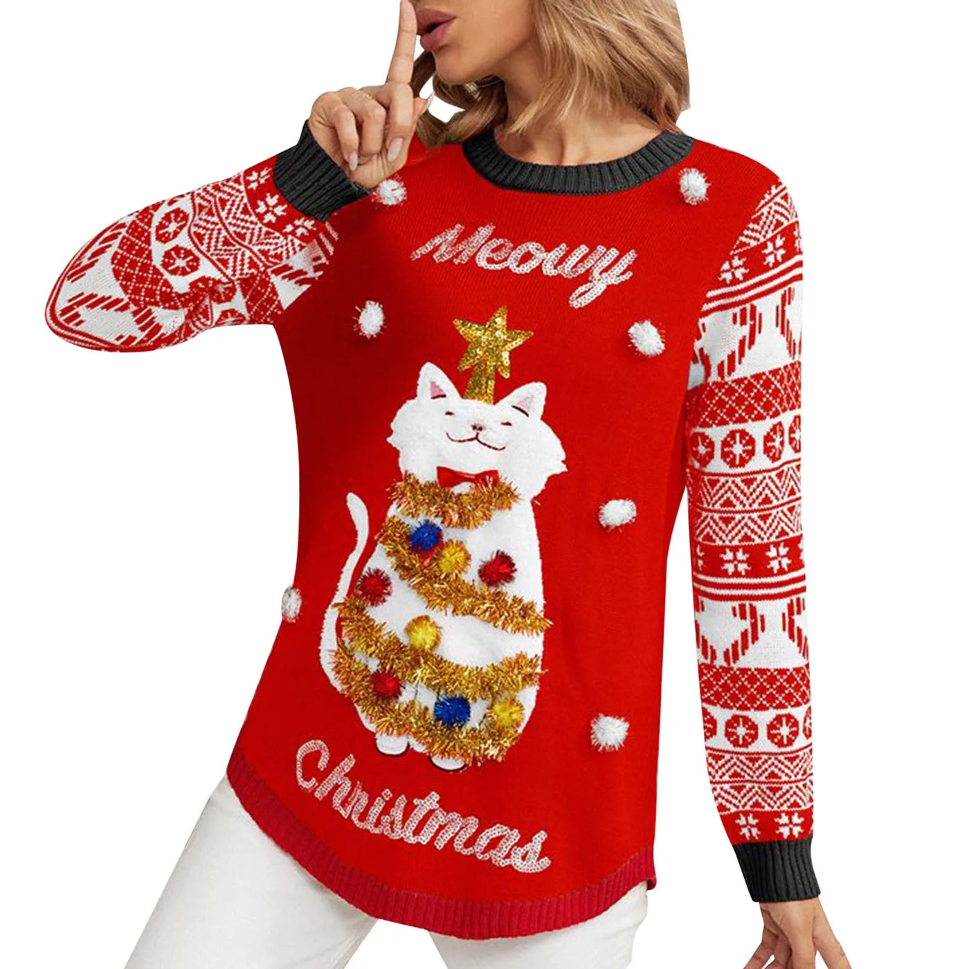 Christmas Cat Print Sweater | Fun & Cozy Ugly Holiday Sweater for Women