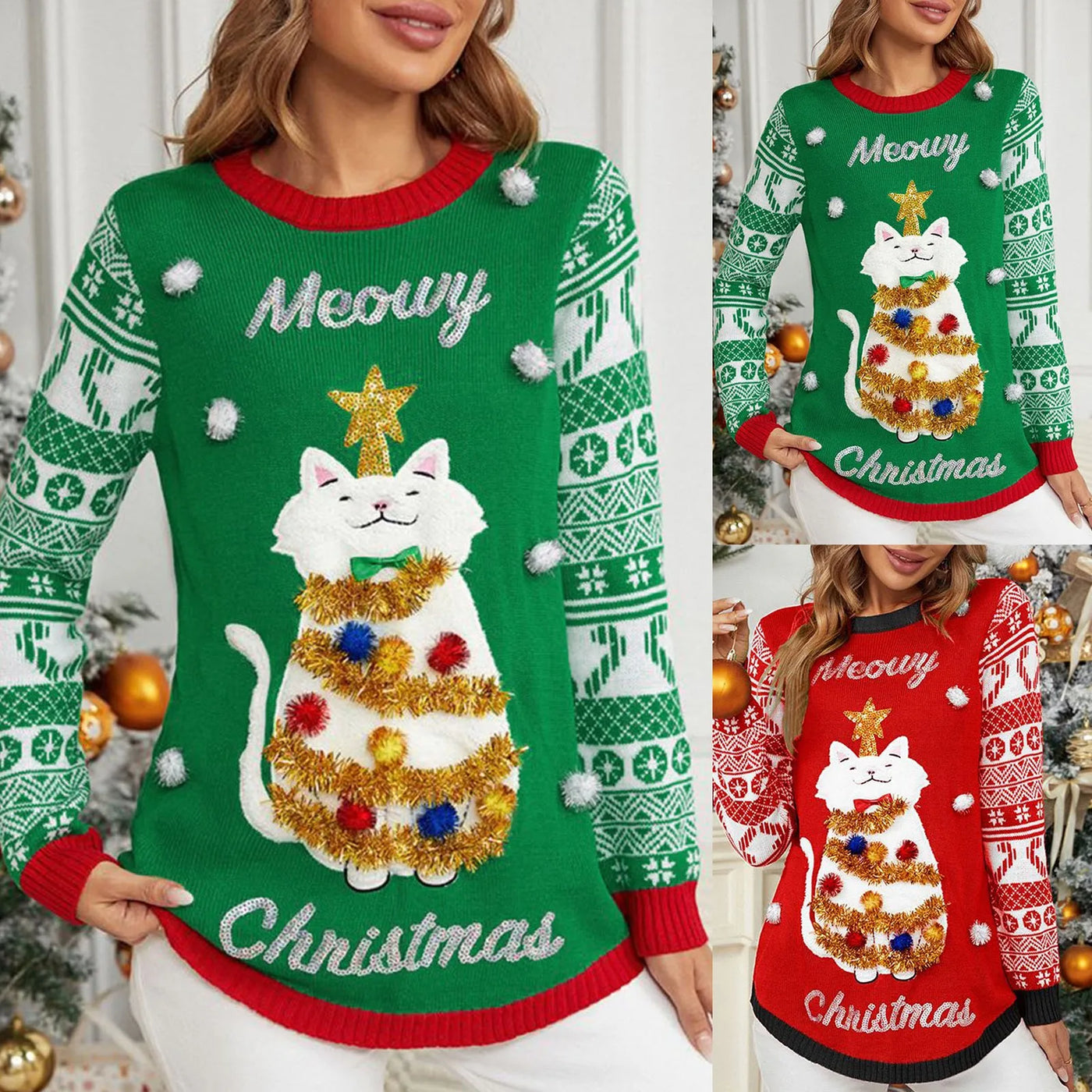 Christmas Cat Print Sweater | Fun & Cozy Ugly Holiday Sweater for Women