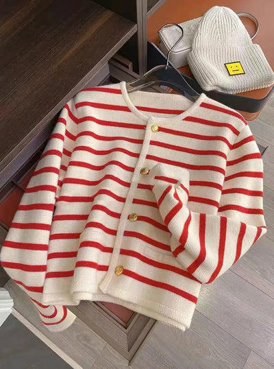 Striped Knit O-neck Cardigan – Casual Long Sleeve Women’s Sweater for Spring & Autumn