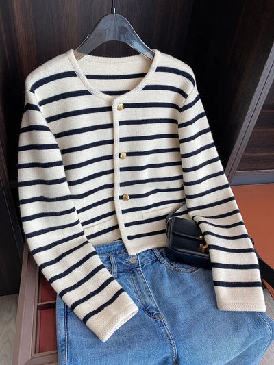 Striped Knit O-neck Cardigan – Casual Long Sleeve Women’s Sweater for Spring & Autumn