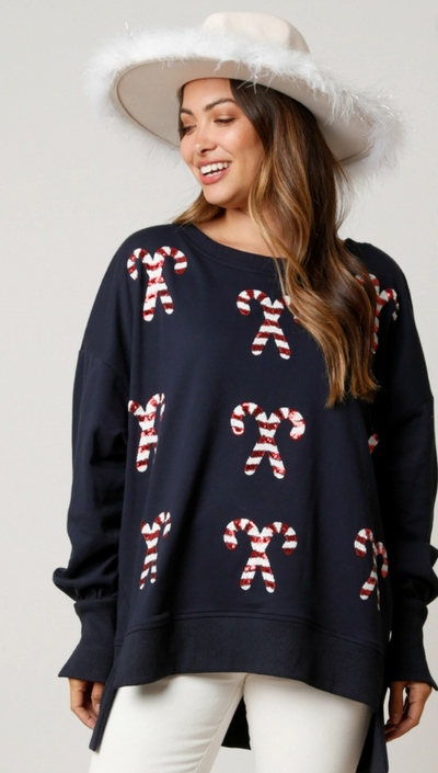 Navy Sequin Candy Cane Sweatshirt | Festive & Cozy Holiday Essential