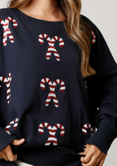 Navy Sequin Candy Cane Sweatshirt | Festive & Cozy Holiday Essential