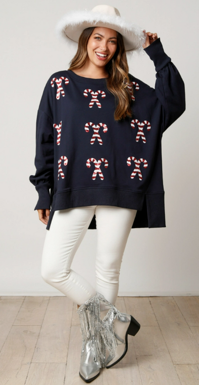 Navy Sequin Candy Cane Sweatshirt | Festive & Cozy Holiday Essential