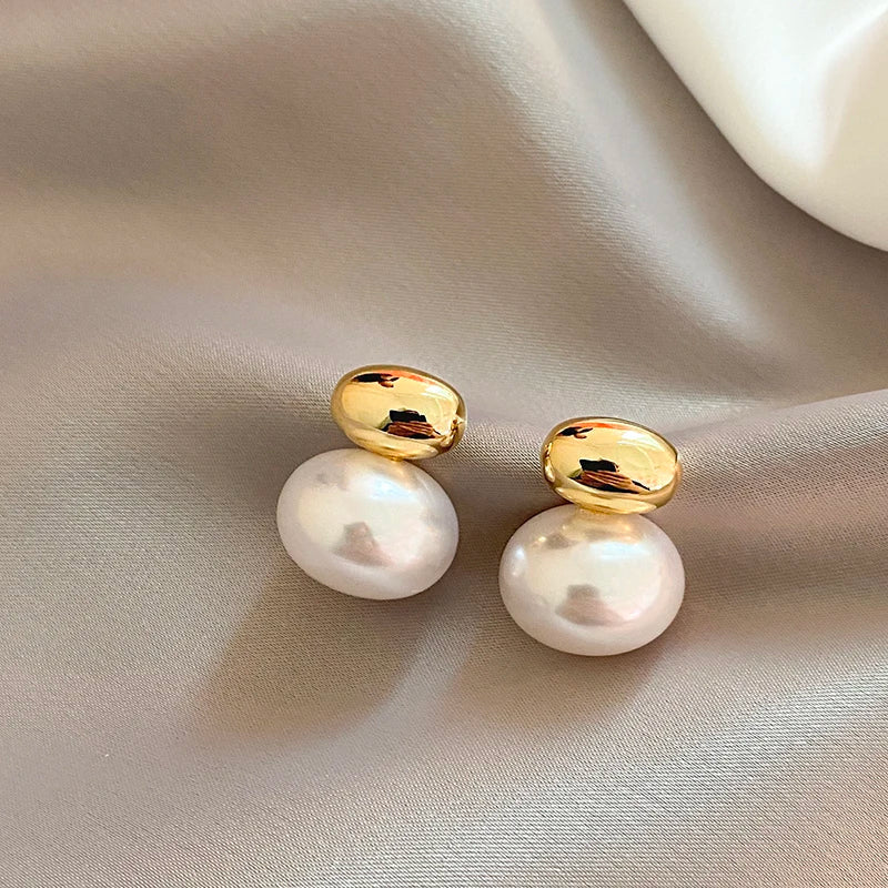 Bean Pearl Earrings – Elegant Gold-Plated Flat Pearl Earrings for Women