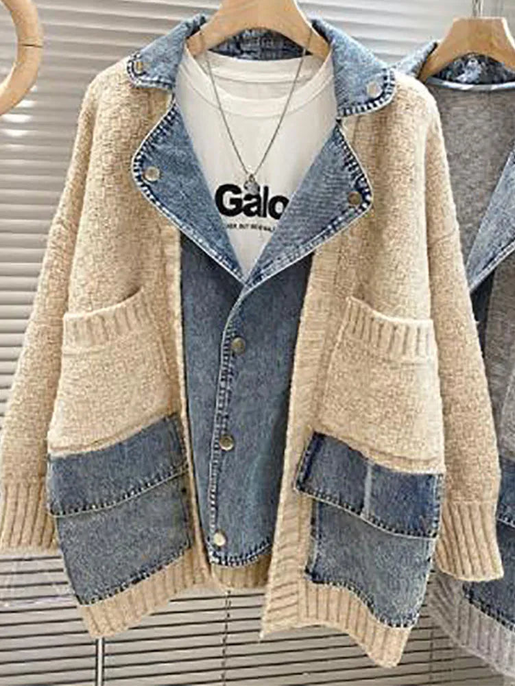 Women's Thick Denim Patchwork Cardigan Coat - Cozy & Stylish Outerwear