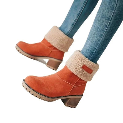 Women's Lined Ankle Boots with Block Heel - Warm Winter Boots with Foldable Collar