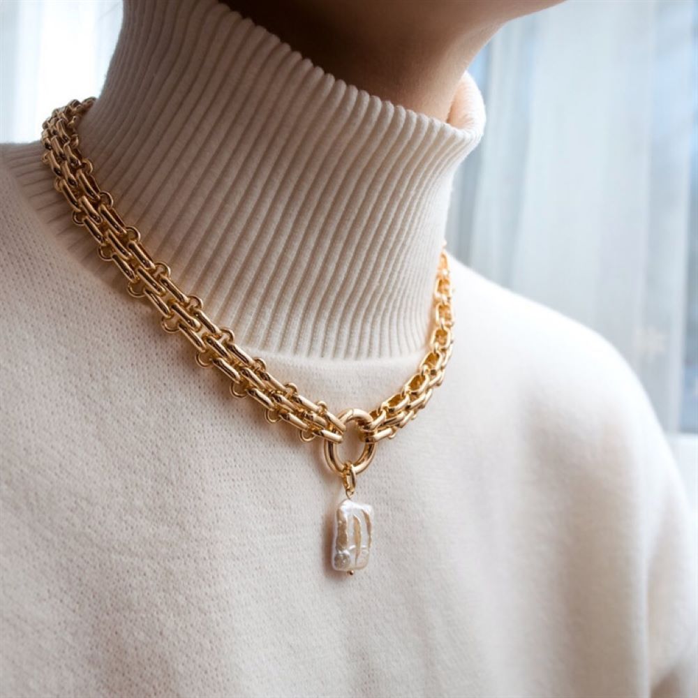 Statement Necklace | Stainless Steel with Chunky Chain & Irregular Pearl Pendant