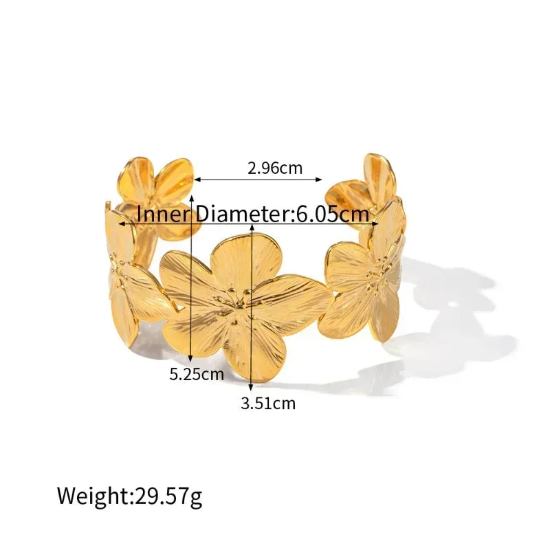 Flower Cuff Bracelet - 18K Gold-Plated Stainless Steel Chunky Bangle for Women