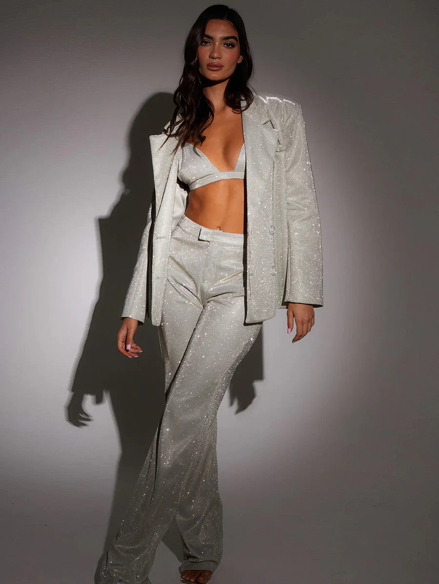 Thalia™ Glitter Set | Chic Bralette, Blazer & High-Waist Pants for Evening Glam