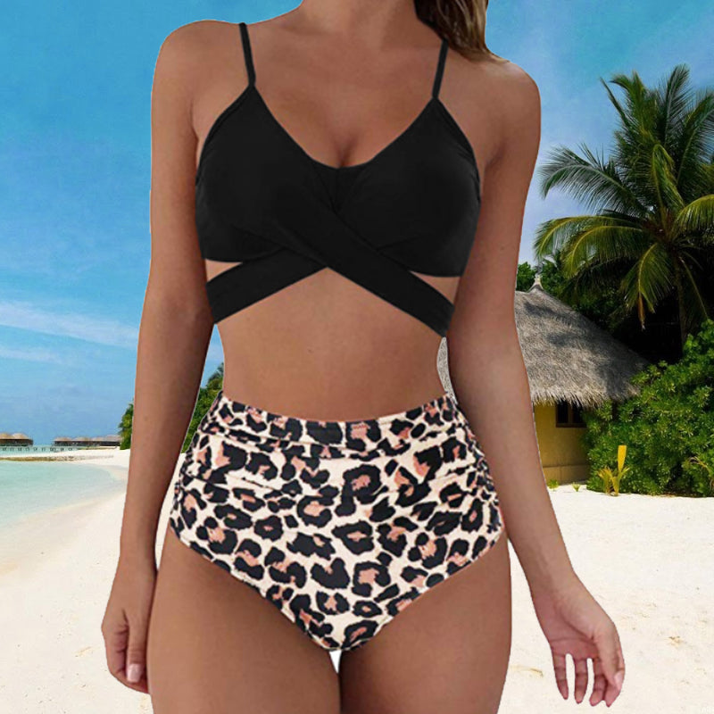 Elegant High-Waist Two-Piece Bikini with Crisscross Design