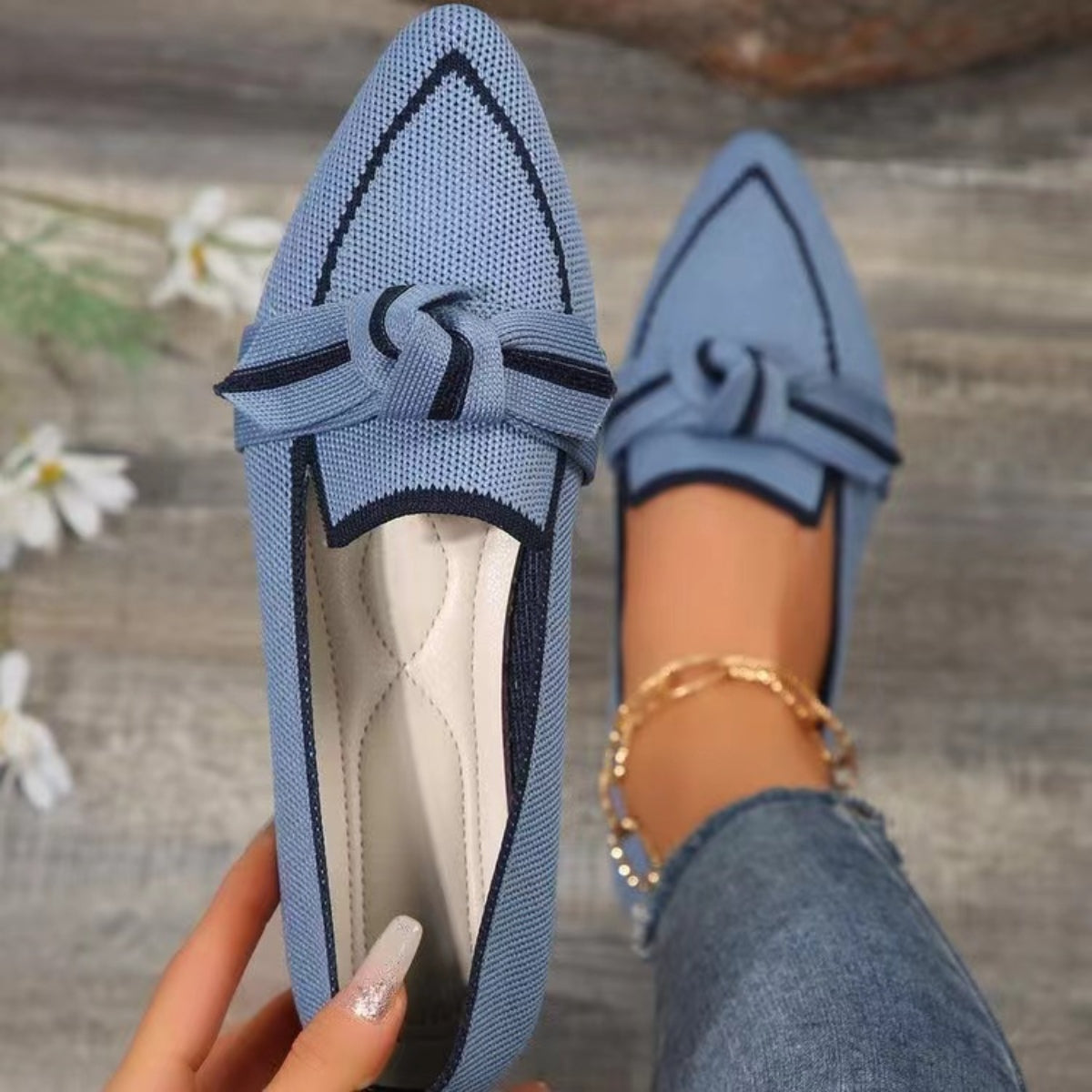 Bow Contrast Trim Point Toe Loafers | Elegant & Comfortable Slip-On Shoes