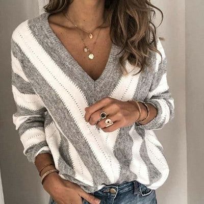 Striped V-Neck Sweater for Women - Soft Knit & Stylish Design