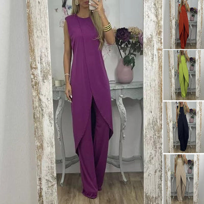 Two-Piece Women's Set with Long Sleeveless Top & Flared Pants