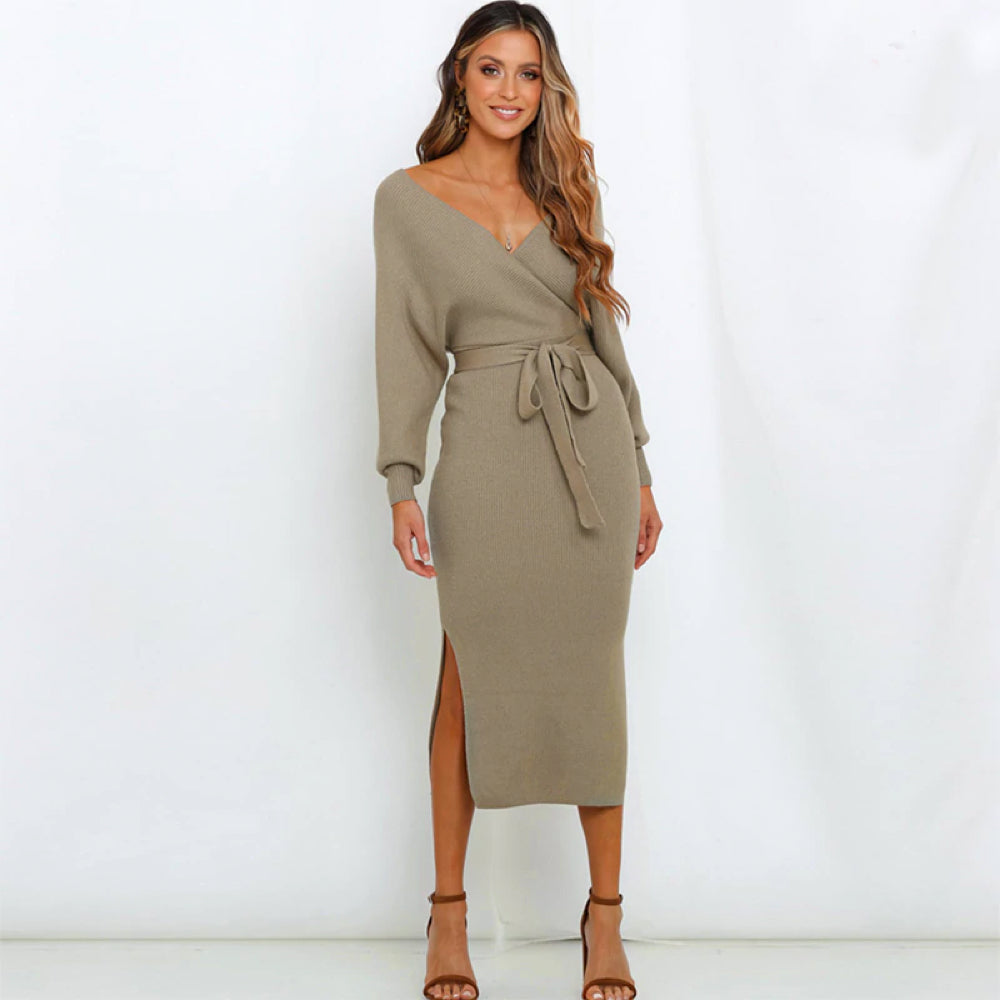 Juliet Classy Cotton Midi Dress with Waistband, Side Slits, Open Back, and V-Neck