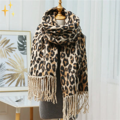 Megan XL Warm & Soft Leopard Print Scarf with Tassels