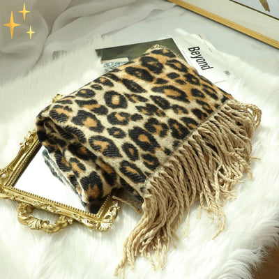 Megan XL Warm & Soft Leopard Print Scarf with Tassels