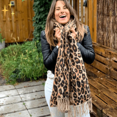 Megan XL Warm & Soft Leopard Print Scarf with Tassels