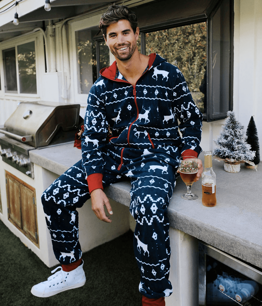 Blue Reindeer Onesie | Christmas Holiday Jumpsuit for Men