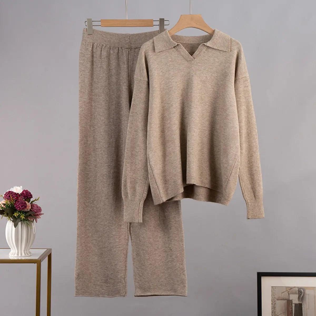 Knitted Set | Soft Polo Neck Sweater and Wide-Leg Pants – 2-Piece Set