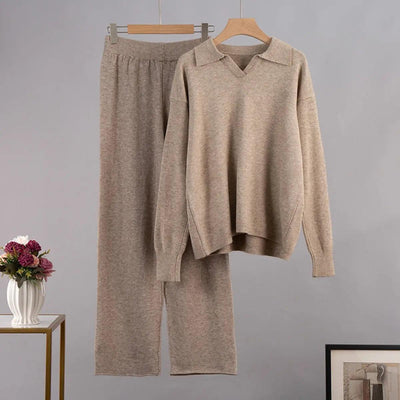 Knitted Set | Soft Polo Neck Sweater and Wide-Leg Pants – 2-Piece Set