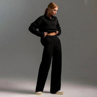 Knitted Set | Soft Polo Neck Sweater and Wide-Leg Pants – 2-Piece Set