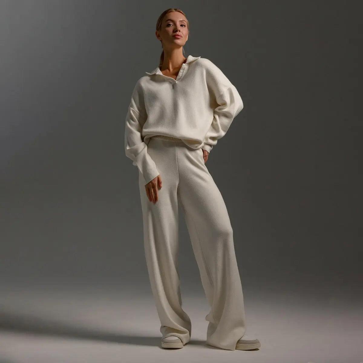 Knitted Set | Soft Polo Neck Sweater and Wide-Leg Pants – 2-Piece Set