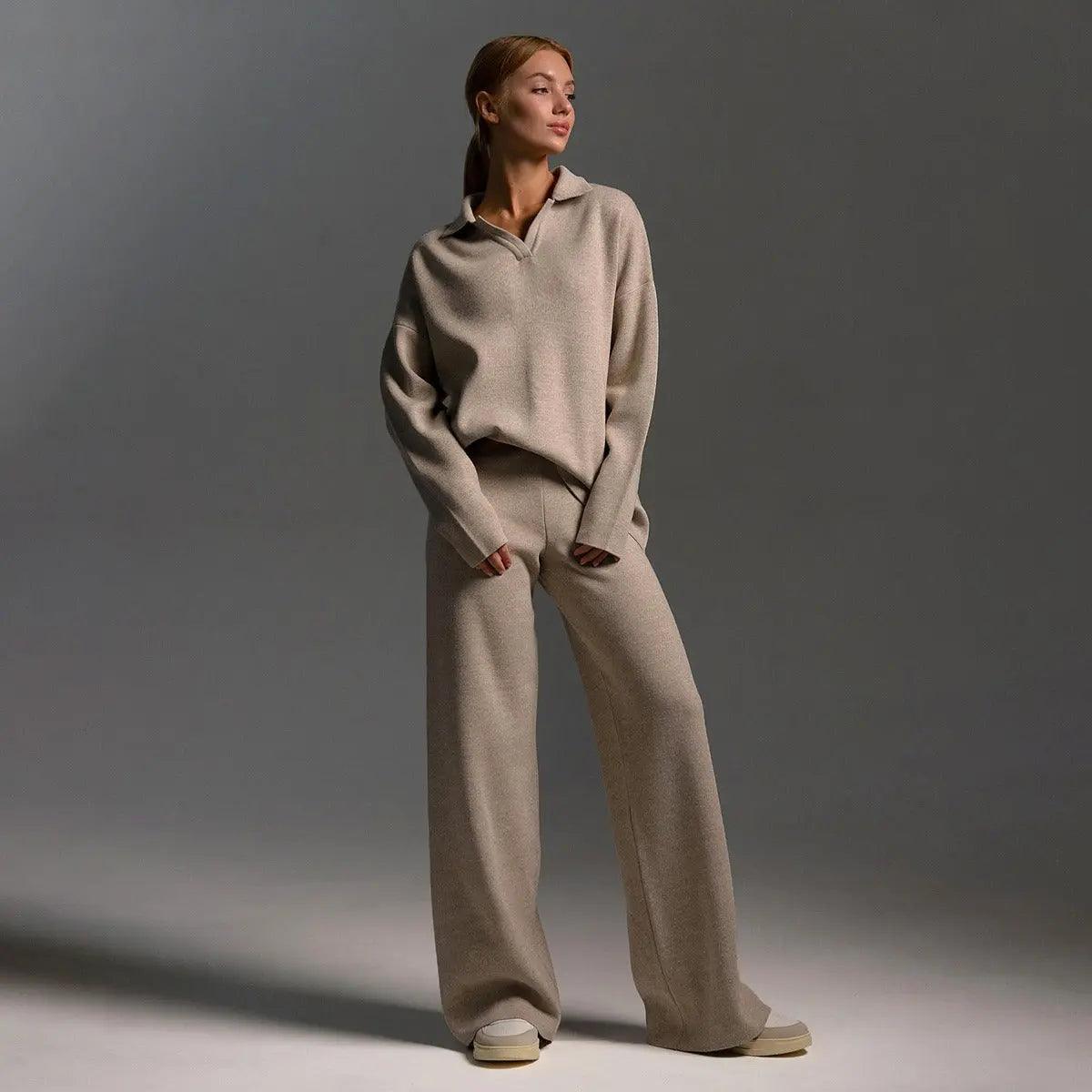 Knitted Set | Soft Polo Neck Sweater and Wide-Leg Pants – 2-Piece Set