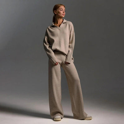 Knitted Set | Soft Polo Neck Sweater and Wide-Leg Pants – 2-Piece Set