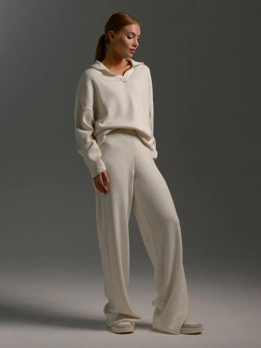 Knitted Set | Soft Polo Neck Sweater and Wide-Leg Pants – 2-Piece Set