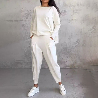 Chic Leisure Long-Sleeve Round Neck Top & Pants Set