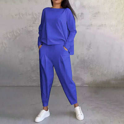 Chic Leisure Long-Sleeve Round Neck Top & Pants Set