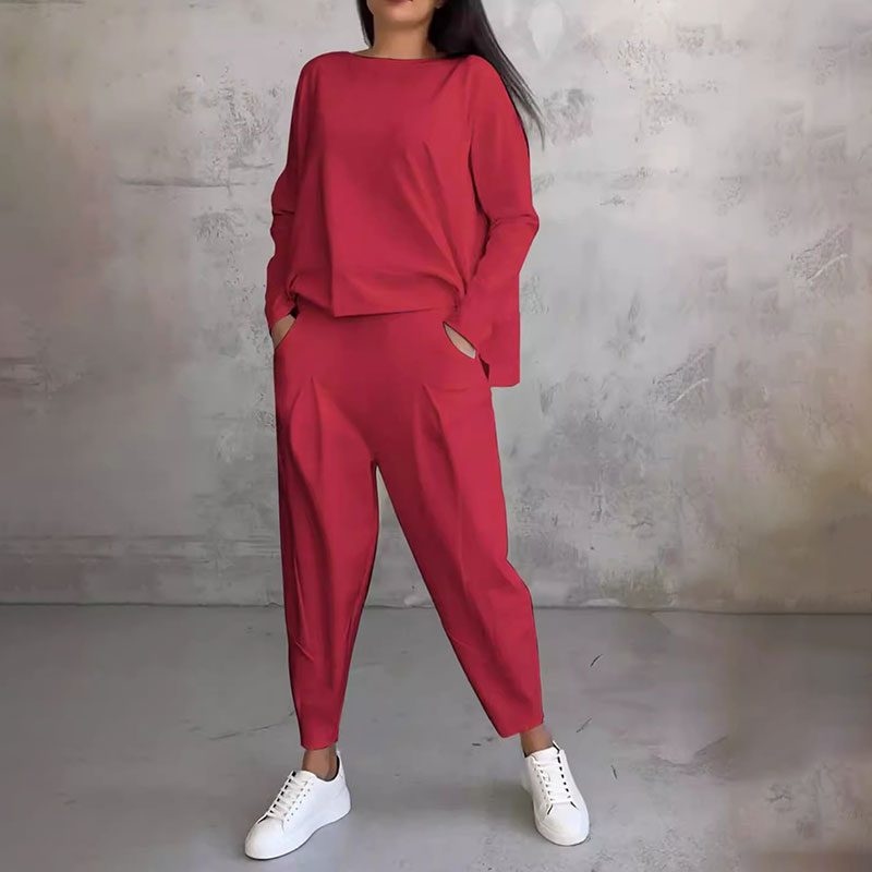 Chic Leisure Long-Sleeve Round Neck Top & Pants Set